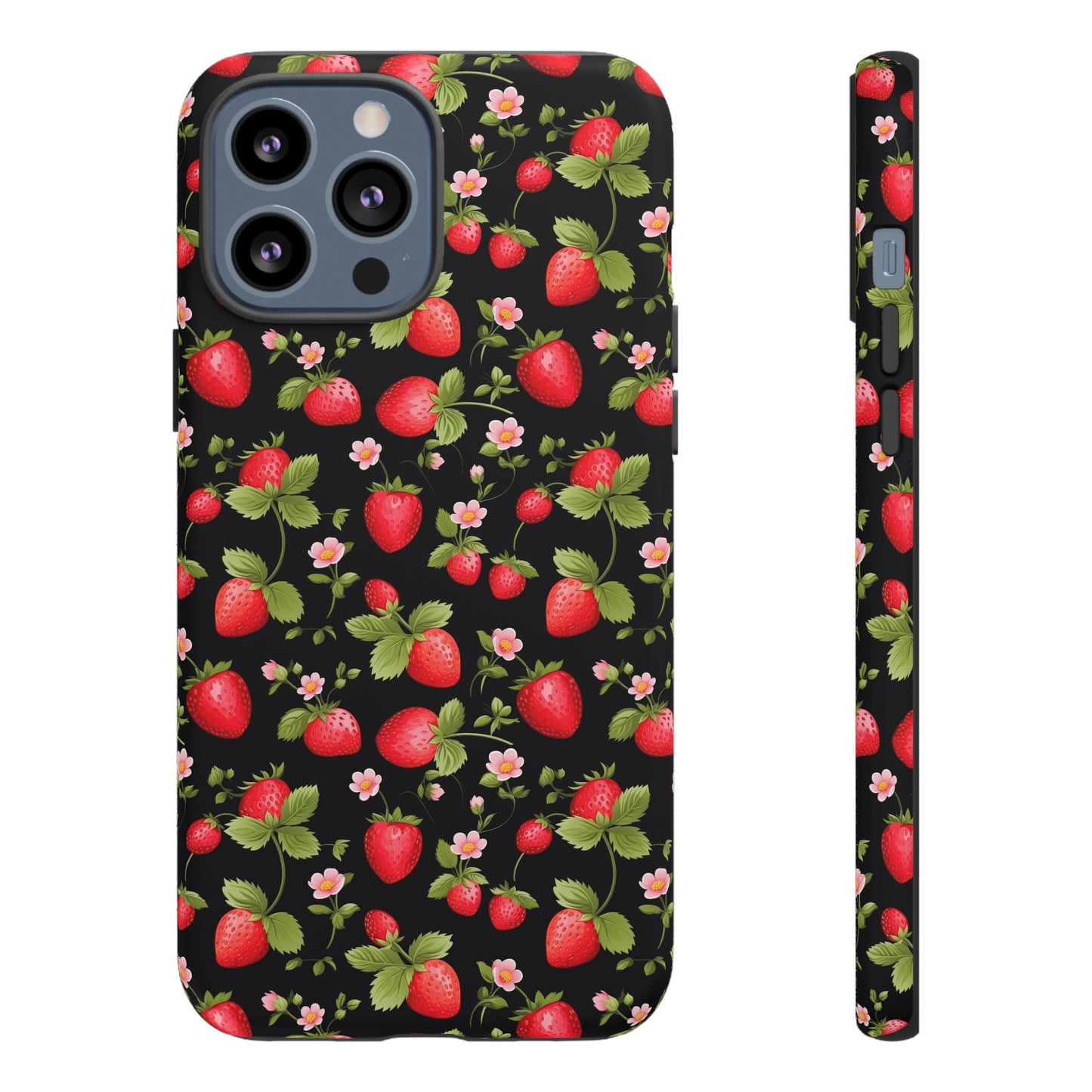 Strawberry's and Pink Flowers on Black Tough Phone Case - Cottage Garden Decor