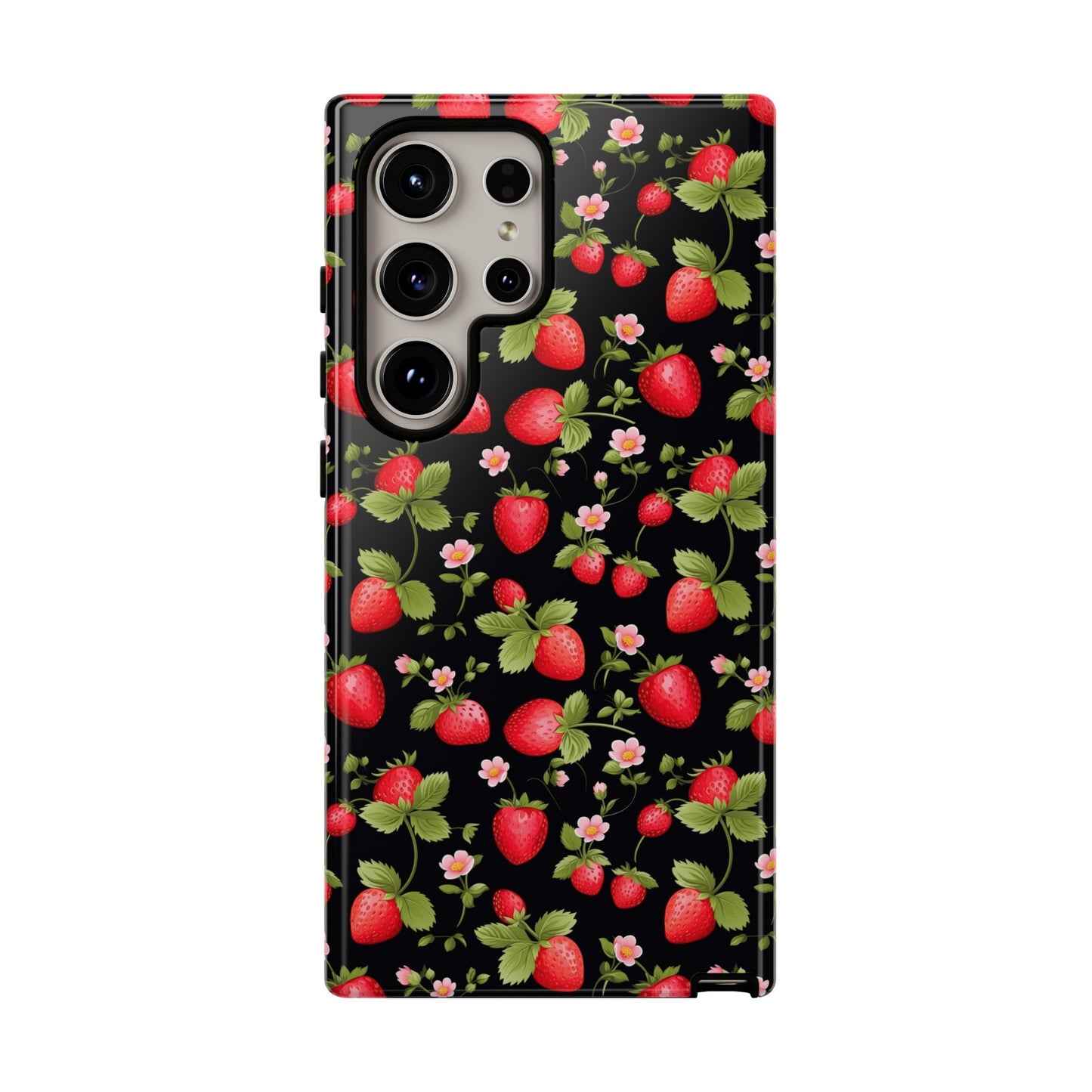 Strawberry's and Pink Flowers on Black Tough Phone Case - Cottage Garden Decor