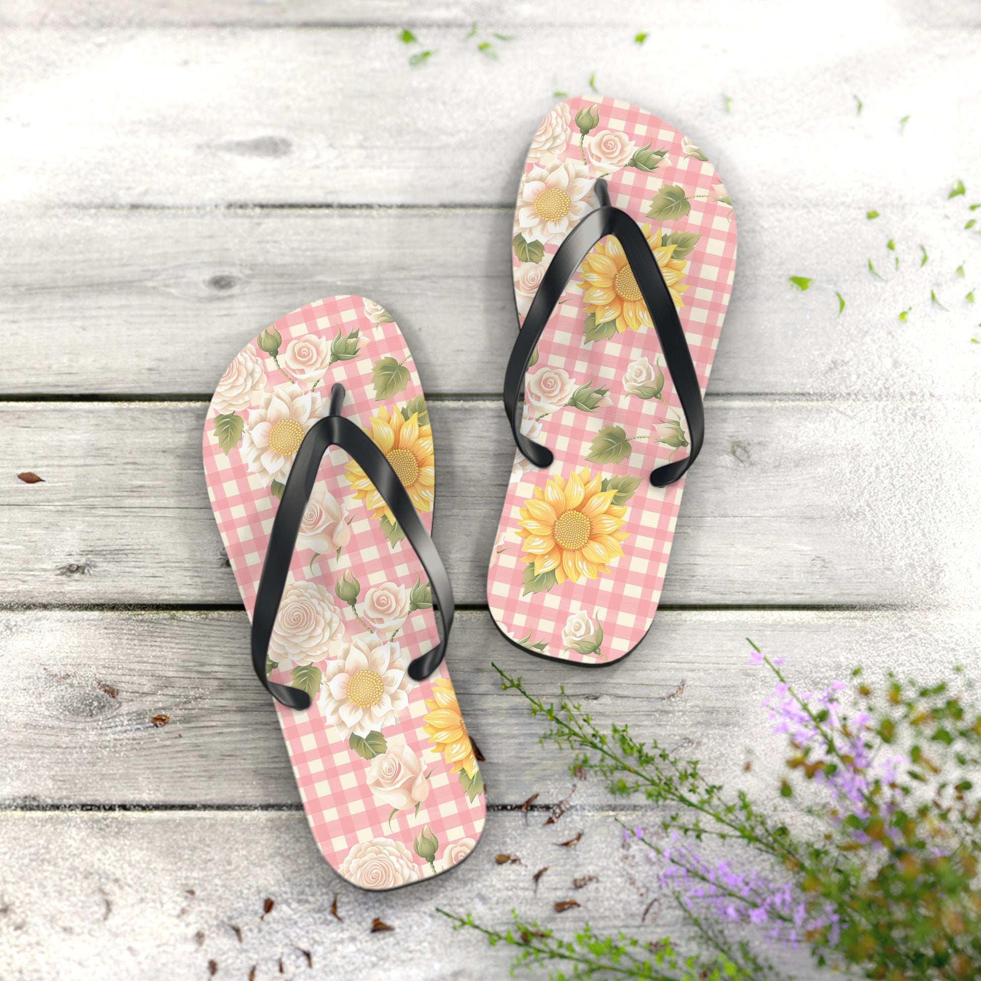 Sweet Bright Pink Gingham Floral Flip Flops - Cottage Garden Decor