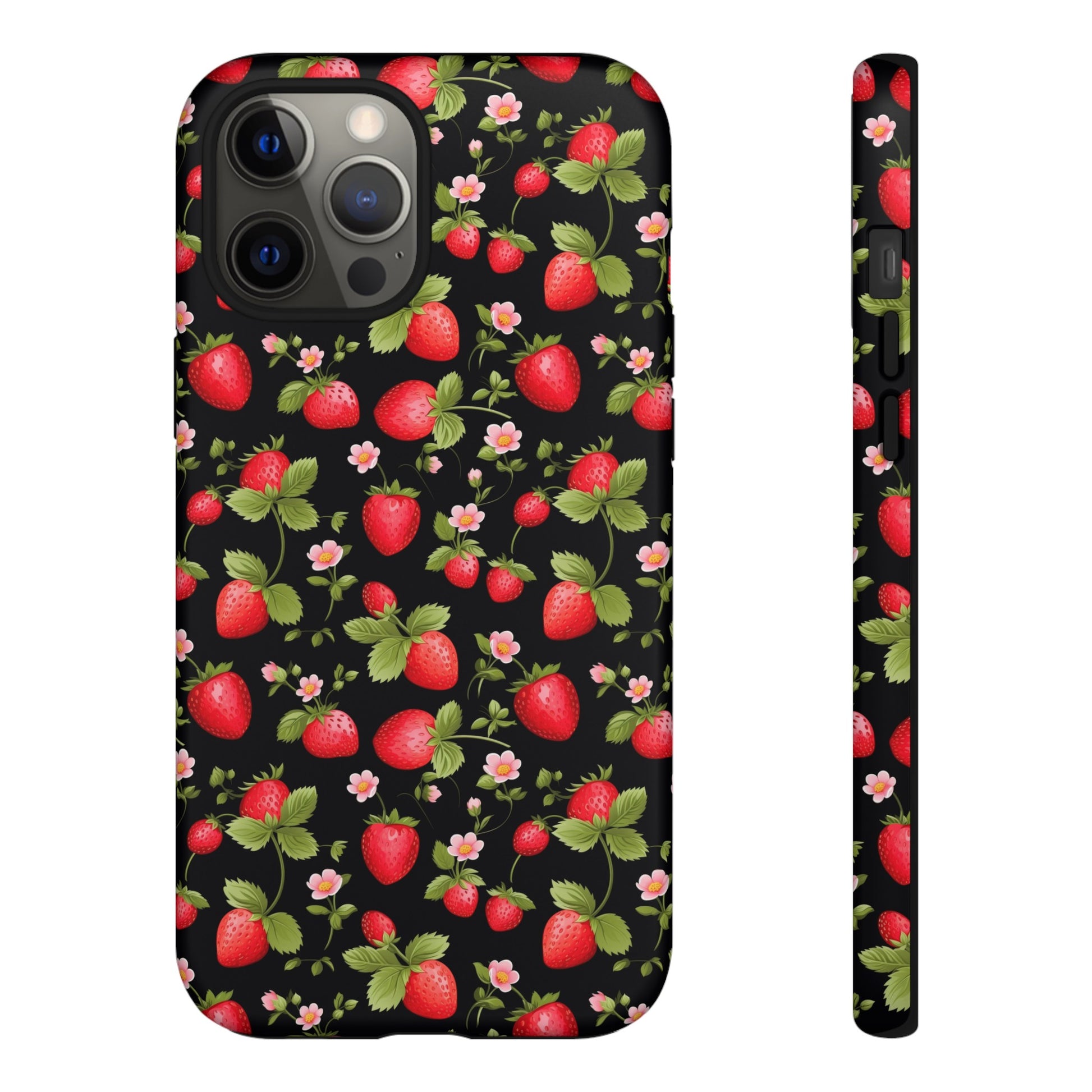 Strawberry's and Pink Flowers on Black Tough Phone Case - Cottage Garden Decor