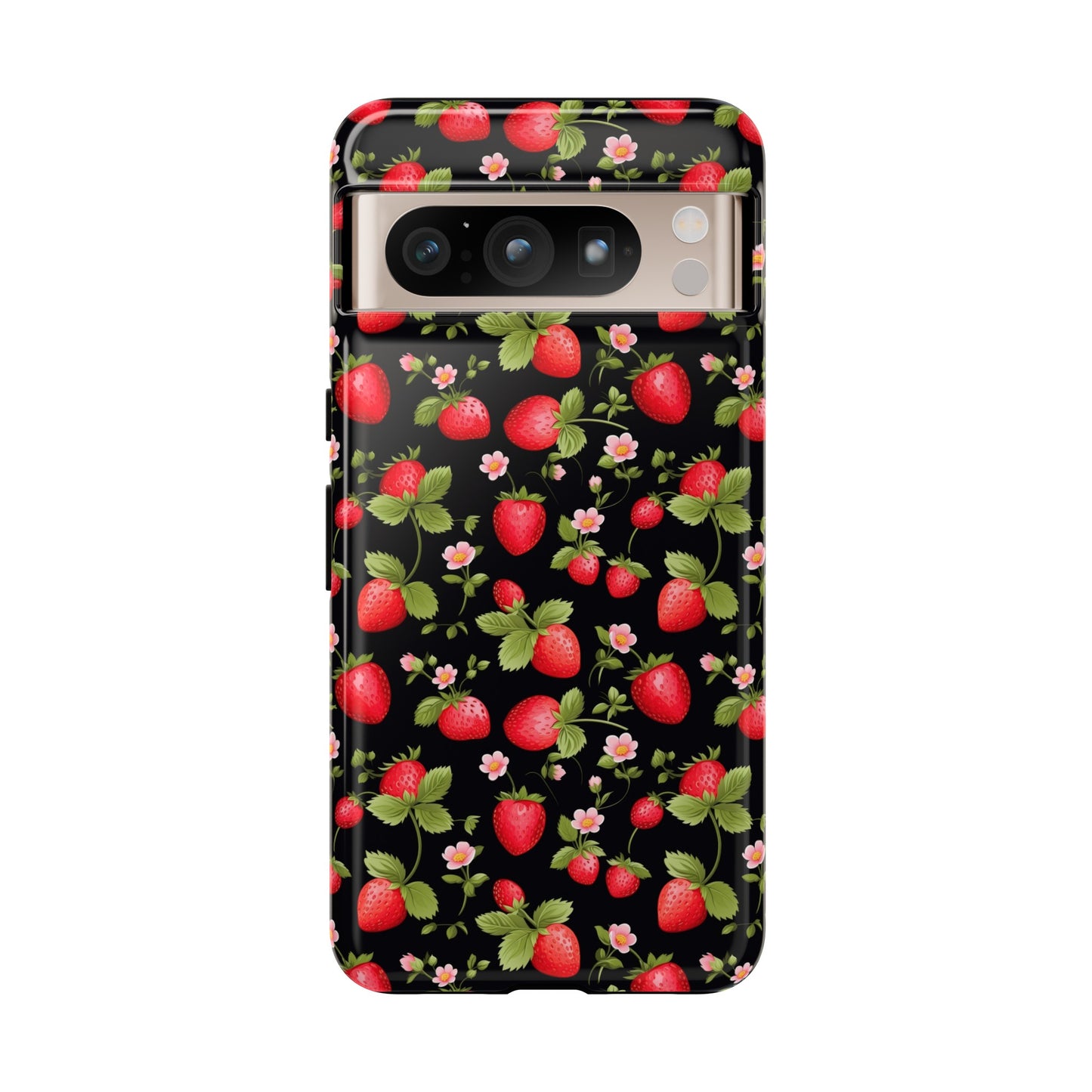 Strawberry's and Pink Flowers on Black Tough Phone Case - Cottage Garden Decor