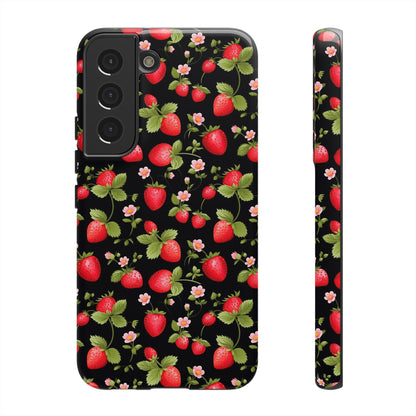 Strawberry's and Pink Flowers on Black Tough Phone Case - Cottage Garden Decor