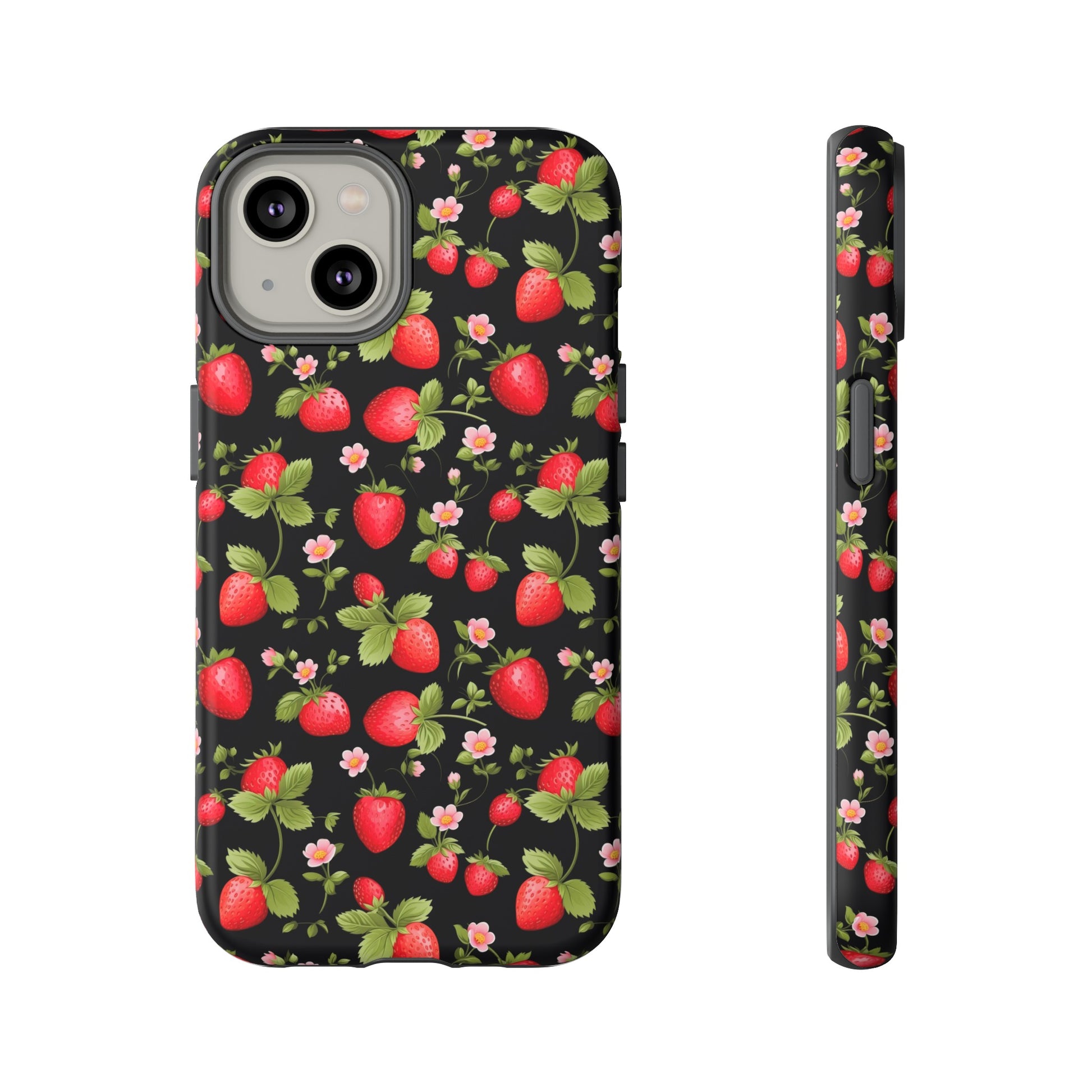 Strawberry's and Pink Flowers on Black Tough Phone Case - Cottage Garden Decor