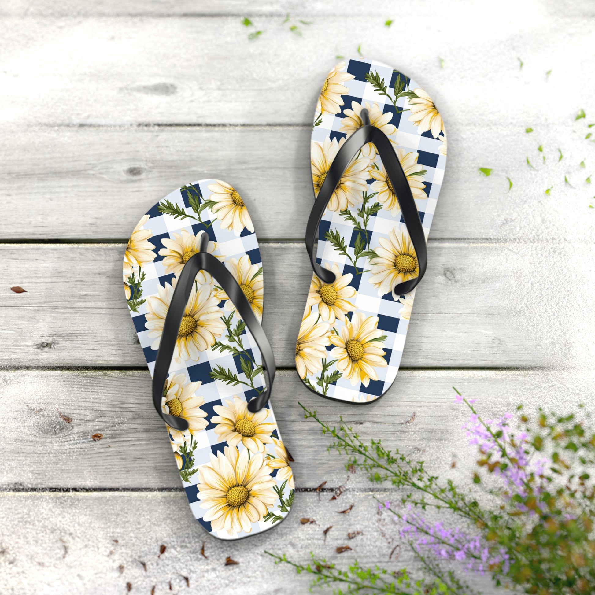 Blue and White Gingham Daisy Flip Flops - Cottage Garden Decor