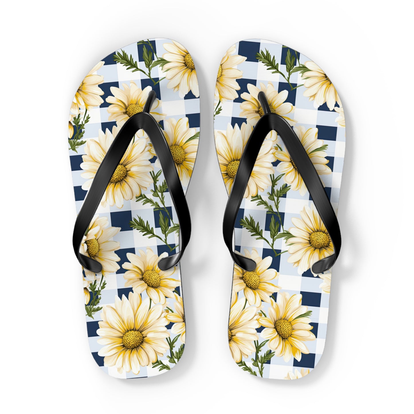 Blue and White Gingham Daisy Flip Flops - Cottage Garden Decor