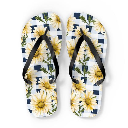 Blue and White Gingham Daisy Flip Flops - Cottage Garden Decor