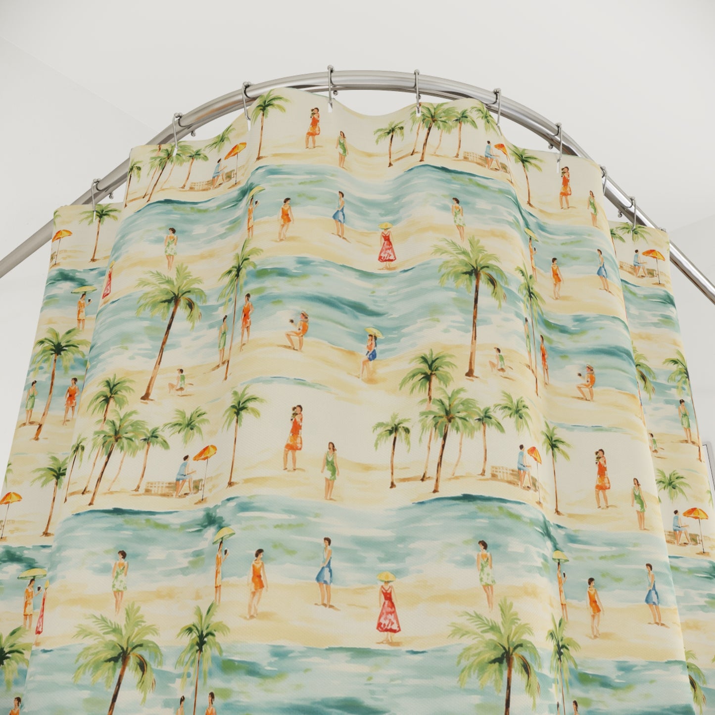 Vintage Beachside Scene Shower Curtain - Cottage Garden Decor