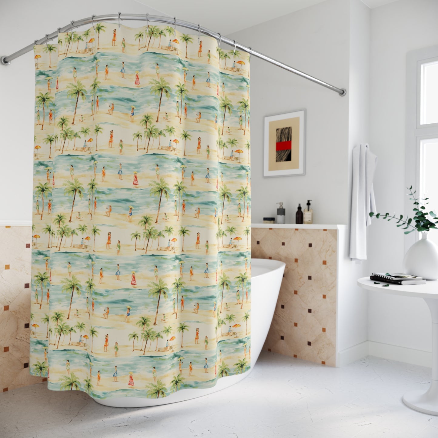 Vintage Beachside Scene Shower Curtain - Cottage Garden Decor