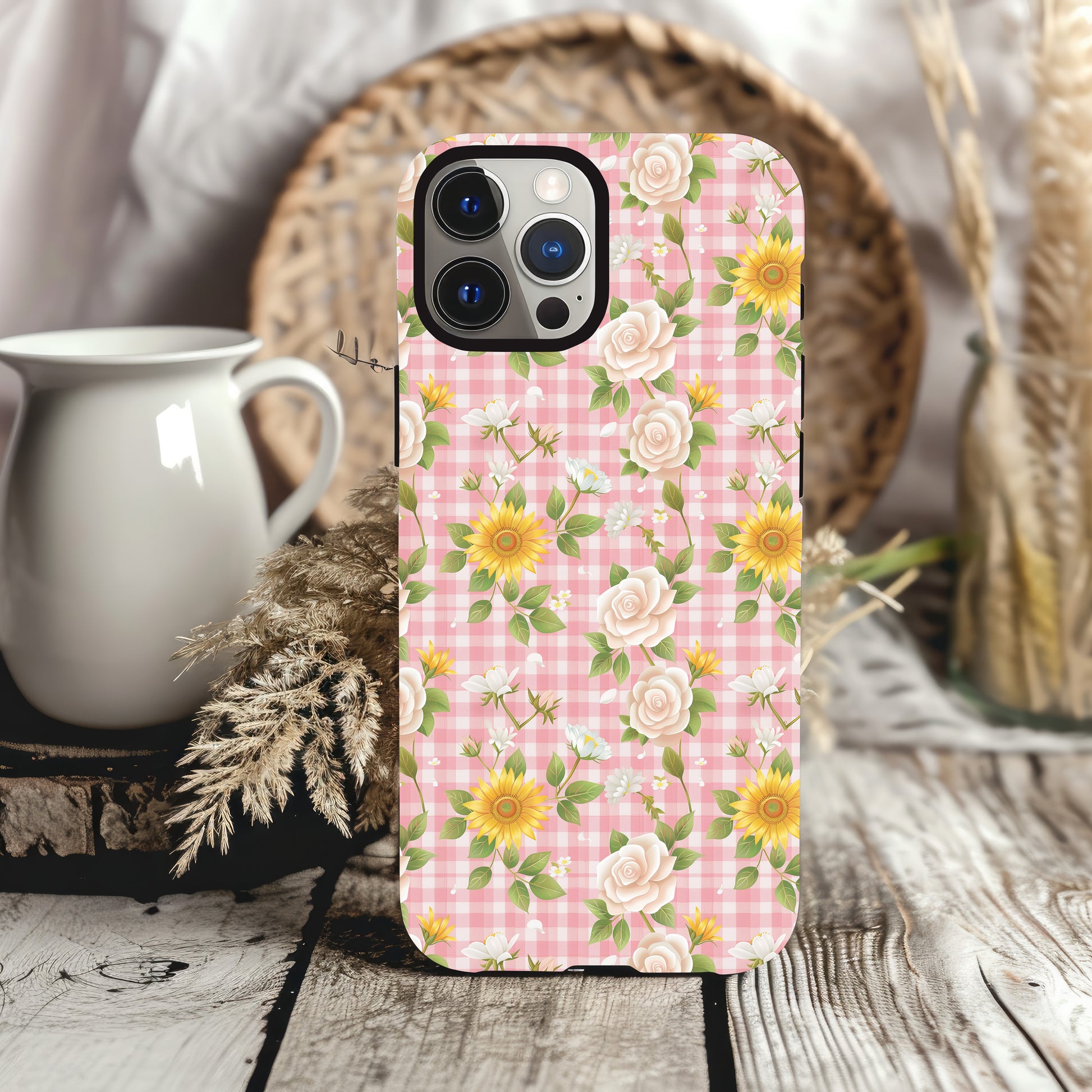 Pink Gingham Daisy, Rose, and Sunflower Tough Case - Cottage Garden Decor