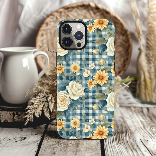 Dark Blue Gingham Sunflowers and Roses Tough Case