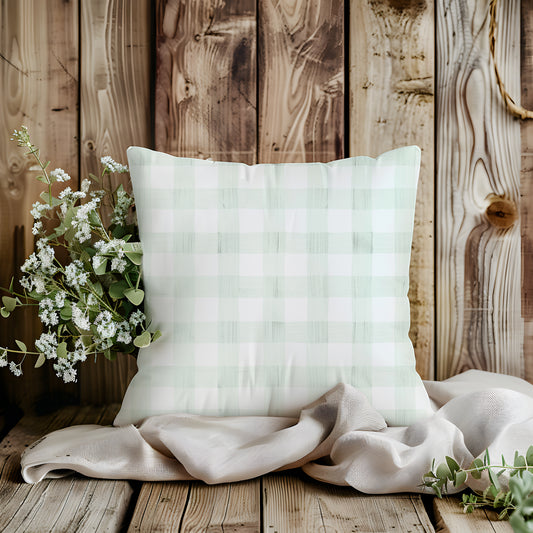 Elegant Pale Green Gingham Cushion - Cottage Garden Decor